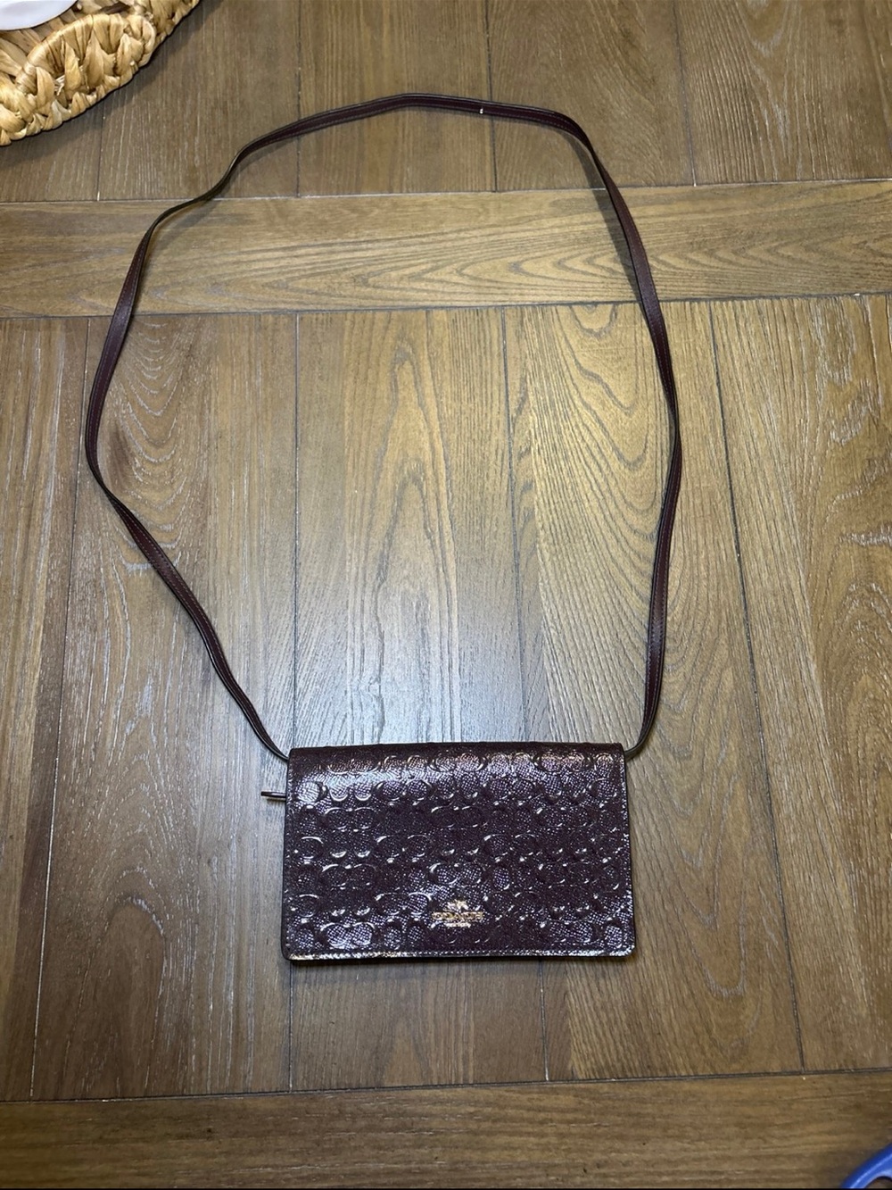 Coach Embossed Dark Brown/Dark Purple Sparkle Crossbody Wallet